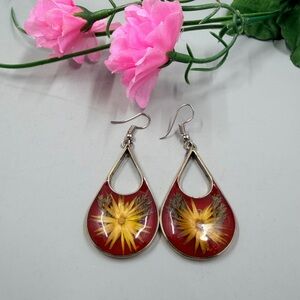Mexico Alpaca Signed Red Teardrop Earrings with Yellow Pressed Flower Accent
